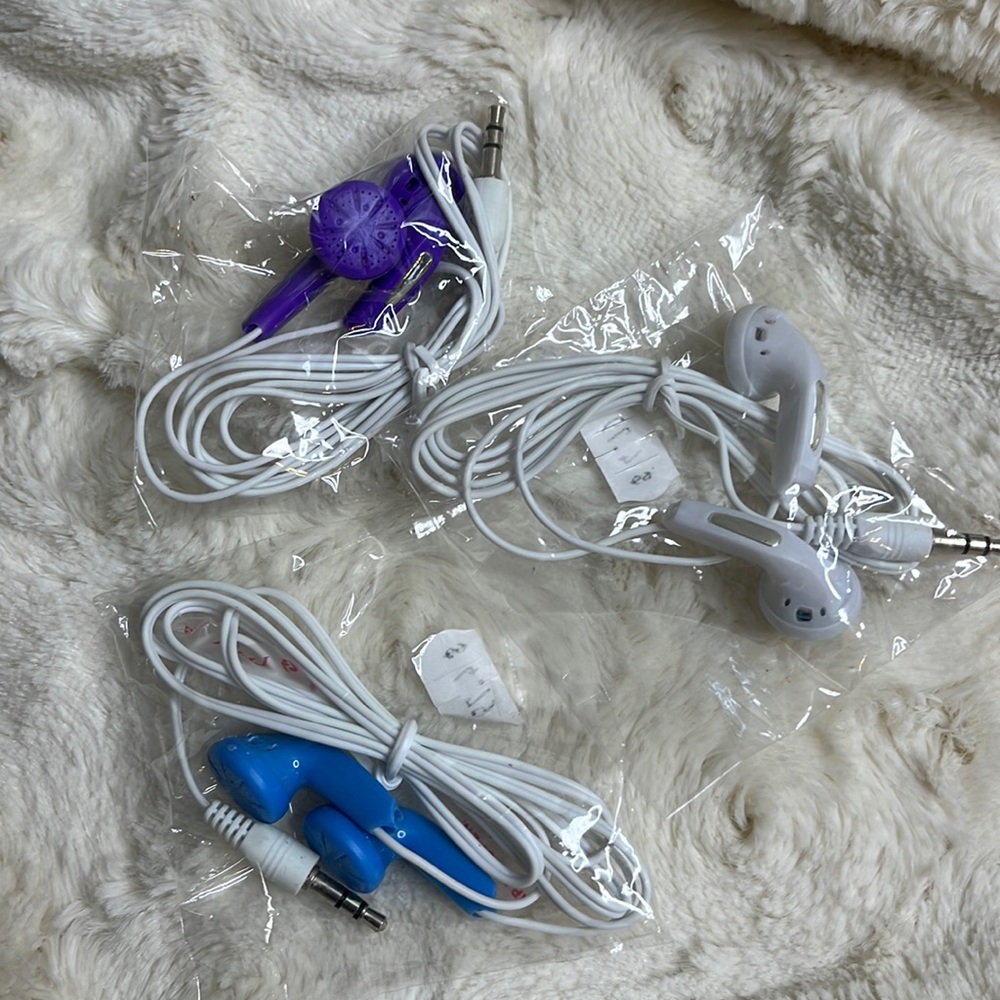 Earbuds. Listing is for 3 earbuds: 1-white, 1-blue, and 1-purple.